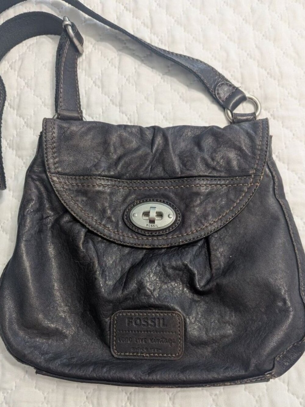🍂 Fossil Vintage Leather Crossbody Bag Brown Kiss Lock Adjustable Strap